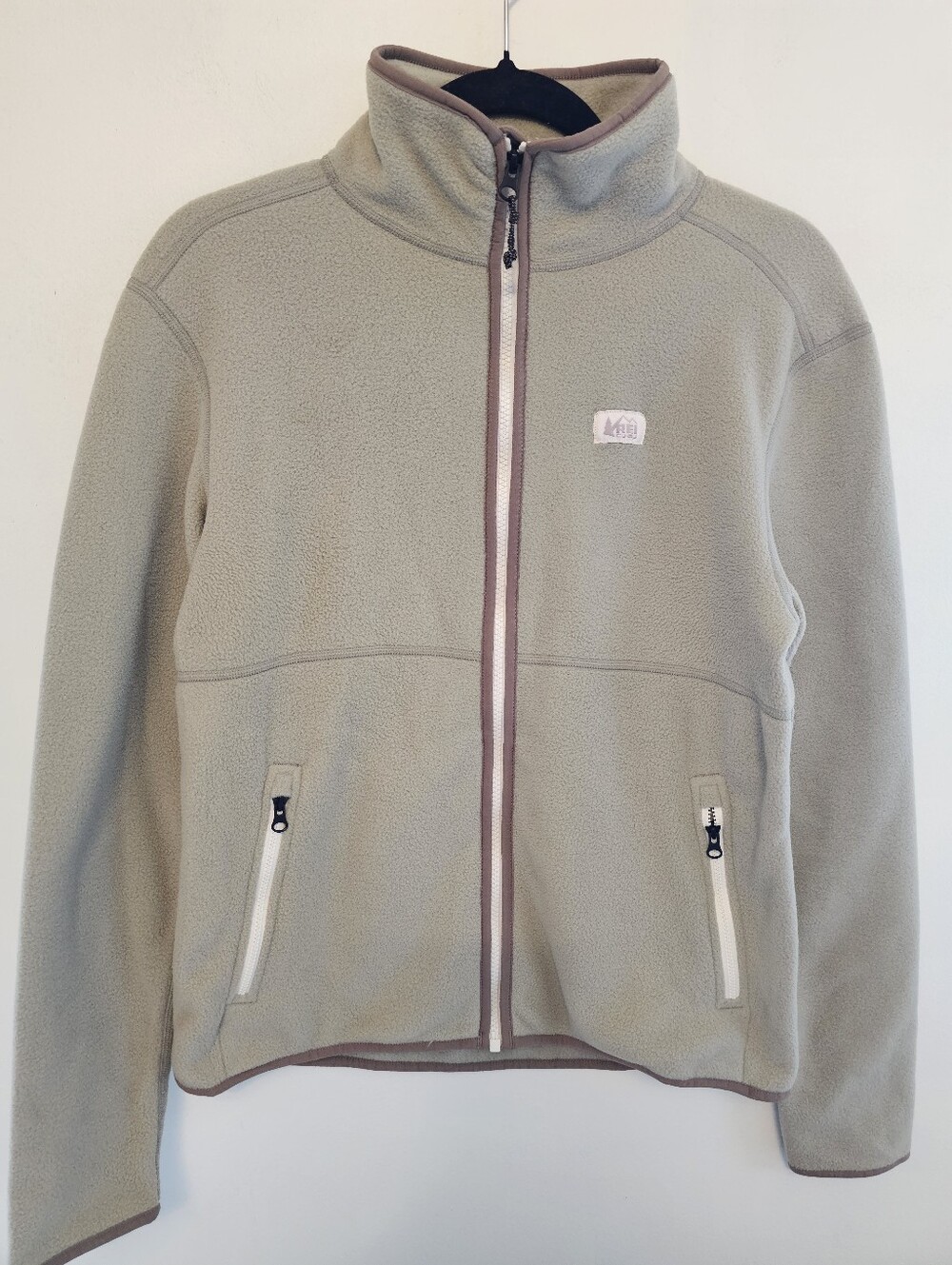 REI Light Sage Full-Zip Fleece Jacket with Taupe Trim